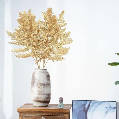 Artificial Plants Christmas Decor, PASYOU Gold Fern Fake Flowers Shrubs Plastic Grass Leaves Indoor Outdoor Home Garden Hotel Verandah Wedding Party Event Faux DIY Decoration, 30 Inch Golden 2 Bunches