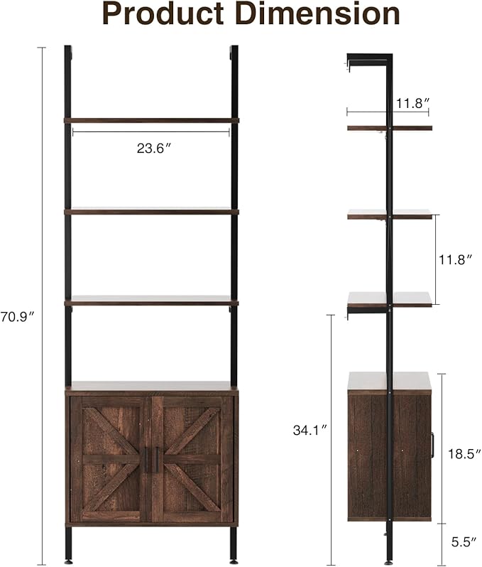 Ladder Bookshelf with Cabinet, 6 Tier Industrial Wall Mount Ladder Bookcase with Farmhouse Cabinet, Tall Narrow Open Ladder Shelf with Metal Frame for Living Room, Bathroom, Home Office, Rustic Brown