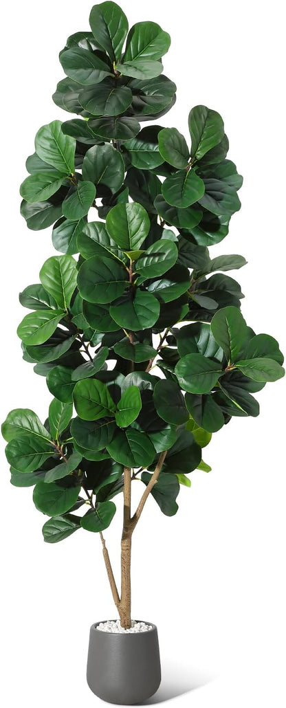7 ft Fiddle Leaf Fig Tree Artificial with 141 Leaves - Realistic Faux Ficus Lyrata Trees in 9 in Grey Planter Pot, Indoor Fake Floor Plants for Home Office Living Room Decor, Housewarming Gift