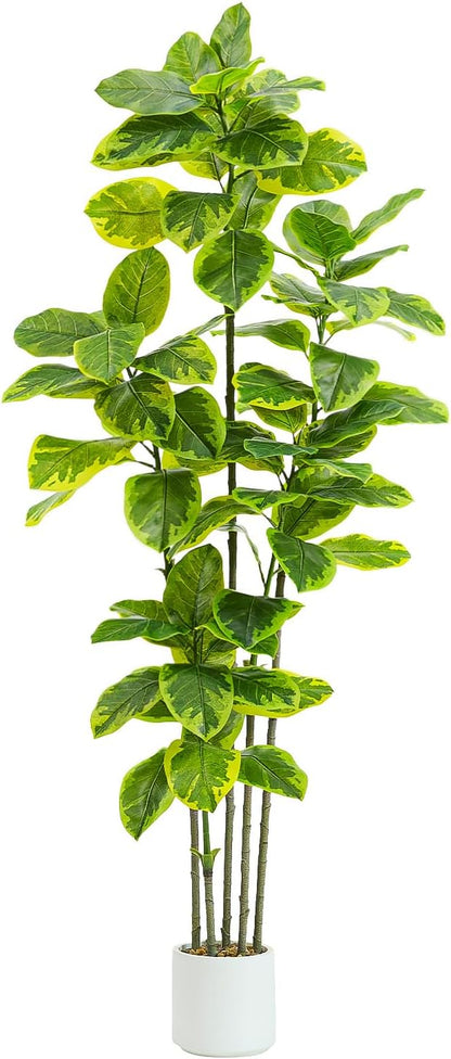 Ficus Tree Artificial Plants Indoor, 6FT Tall Fake Trees in White Pot, Large Potted Silk Floor Plant Artificial Trees, Green Lifelike Faux Ficus Tree for Home Room Office Porch Decor-Yellow