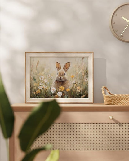 InSimSea Framed Canvas Wall Art Funny Easter Bunny Prints Wall Decor Cute Rabbit in Wildflowers Aesthetic Room Décor Floral Spring Artwork for Kids Room, Living Room, Bedroom or Festive Spaces 12x16In