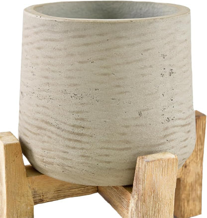 Serene Spaces Living Minimalist Cement Planter with Wooden Legs – Sleek Planter for Succulents, Cacti, Indoor Greenery, Versatile, Durable Plant Pot for Home or Office, 8" Diameter & 9" Tall
