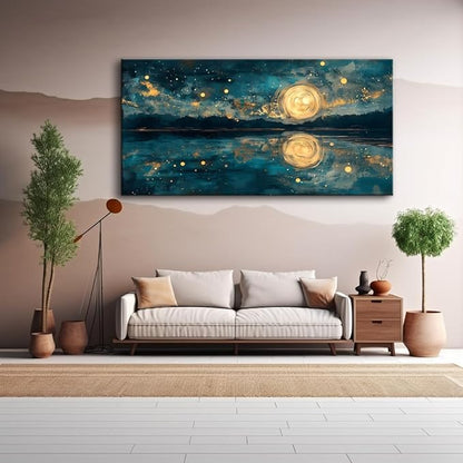 Moon Sea Ocean and Stars Canvas Wall Art -Moonrise at Sea Night Landscape Scene Printing, Moon & Lake Abstract Nature Artwork for Living Room, Bedroom & Coastal Home Décor, Ready to Hang 32L" x 16W"