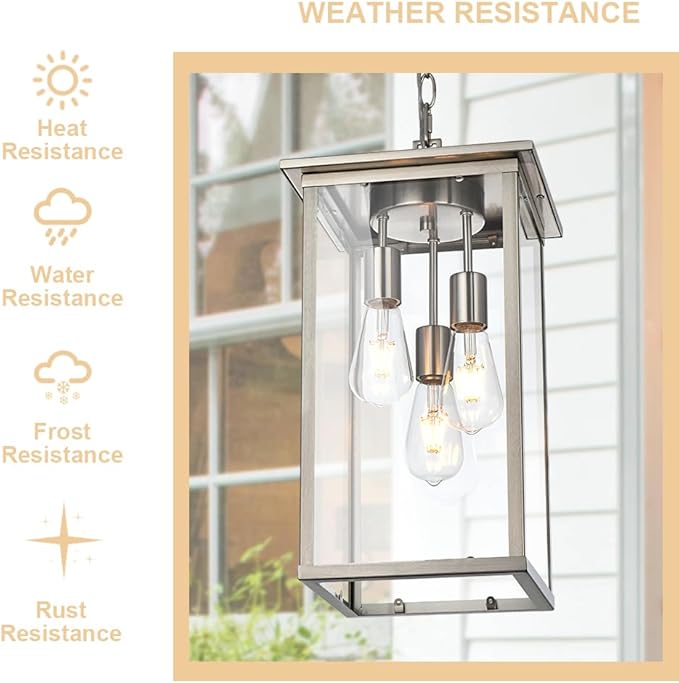 Lagre Outdoor Pendant Light Fixtures, Brushed Nickel Exterior Porch Hanging Lighting with Adjustable Chain, Clear Glass Panel Ceiling Lantern for Front Door Foyer Entryway, E26 Bulb Base