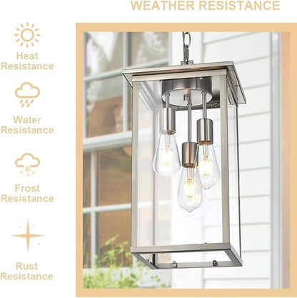 Lagre Outdoor Pendant Light Fixtures, Brushed Nickel Exterior Porch Hanging Lighting with Adjustable Chain, Clear Glass Panel Ceiling Lantern for Front Door Foyer Entryway, E26 Bulb Base