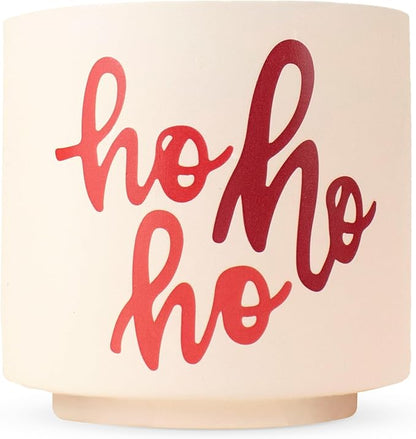 Ceramic Holiday Planter Pot, Ho Ho Ho Design, Creme & Red, Holds 4" House Plant or Succulent, Festive Winter Christmas Home Décor with Wood Stand