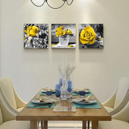 Canvas Wall Art - Bedroom, Kitchen, Living Room, Girls Room Decor - Black And White Wall Pictures - Yellow Rose Flowers - 3 Piece Set