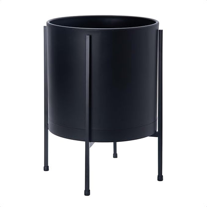 D'vine Dev 12 Inch Black Planter Pot with Stand – Modern Plastic Cylinder Flower Pot with Heavy-Duty Metal Stand for Indoor Plants, 55-D-B-3