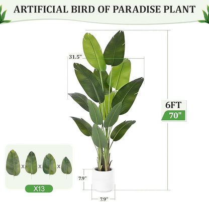 Artificial Bird of Paradise Plant 6Ft Tall Fake Tropical Palm Tree Large Fake Plants with 13 Silk Banana Leaves Faux Plant Indoor Decor Trees with White Pot for Home Bedroom Living Room Office（2pcs）