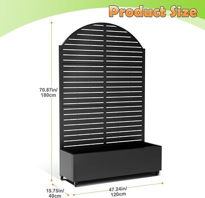 Metal Raised Garden Bed with Trellis, 2-in-1 Planter Box & Privacy Screen for Climbing Plants, Outdoor Standing Flower Bed with Drainage Holes, 47.2" L x 16.7" W x 70.8" H, Black-Louvered