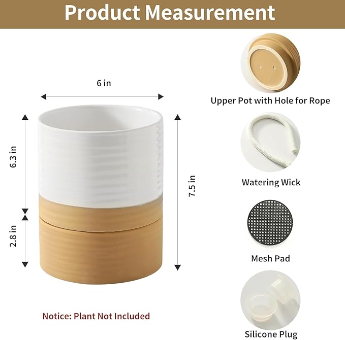 HASENSE Ceramic Plant Pots, 6 Inch Pot with Drainage Hole & Matching Saucer, Ideal for Indoor Succulents,Flower Pots for Decor,Succulent, Snake Plants, Cactus, Modern Decor Gift for Mom(White)