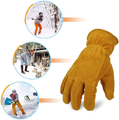 OZERO Work Gloves Winter Insulated Snow Cold Proof Leather Glove Thick Thermal Imitation Lambswool - Extra Grip Flexible Warm for Working in Cold Weather for Men and Women (Gold,Large)