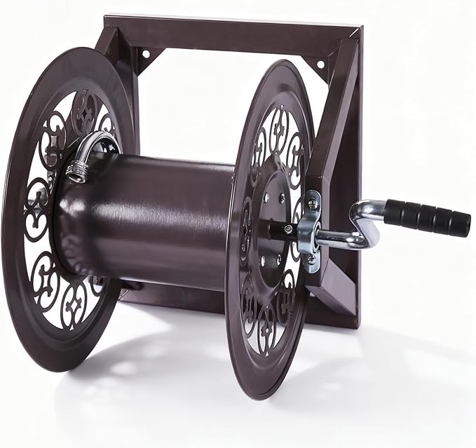 Garden Hose Reel Decorative Cast Wall/Floor/Wood Studs Mount Hose Reel, Garden Heavy-Duty Water Hose Holder Winder Holds 108-Feet of 3/4-Inch Hose - Bronze