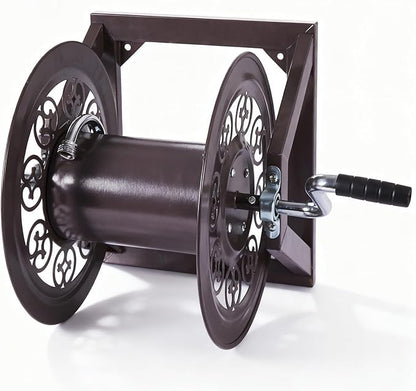 Garden Hose Reel Decorative Cast Wall/Floor/Wood Studs Mount Hose Reel, Garden Heavy-Duty Water Hose Holder Winder Holds 108-Feet of 3/4-Inch Hose - Bronze