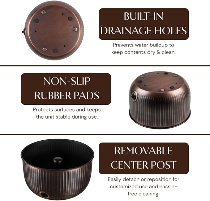 Monarch Abode Garden Hose Holder with Lid – Decorative Water Hose Holders for Outside, Ridge Embossed Metal Antique Copper Pot with Drainage, 100ft Waterhose Holder for Outside, Garden Storage Caddy