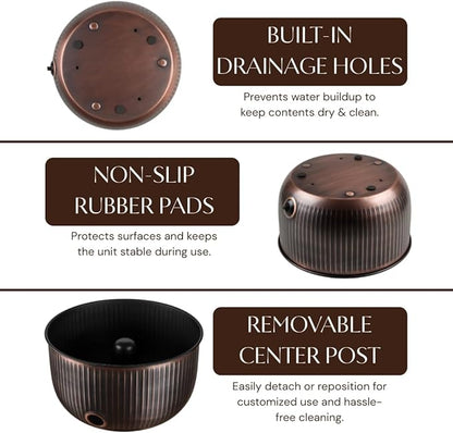 Monarch Abode Garden Hose Holder with Lid – Decorative Water Hose Holders for Outside, Ridge Embossed Metal Antique Copper Pot with Drainage, 100ft Waterhose Holder for Outside, Garden Storage Caddy
