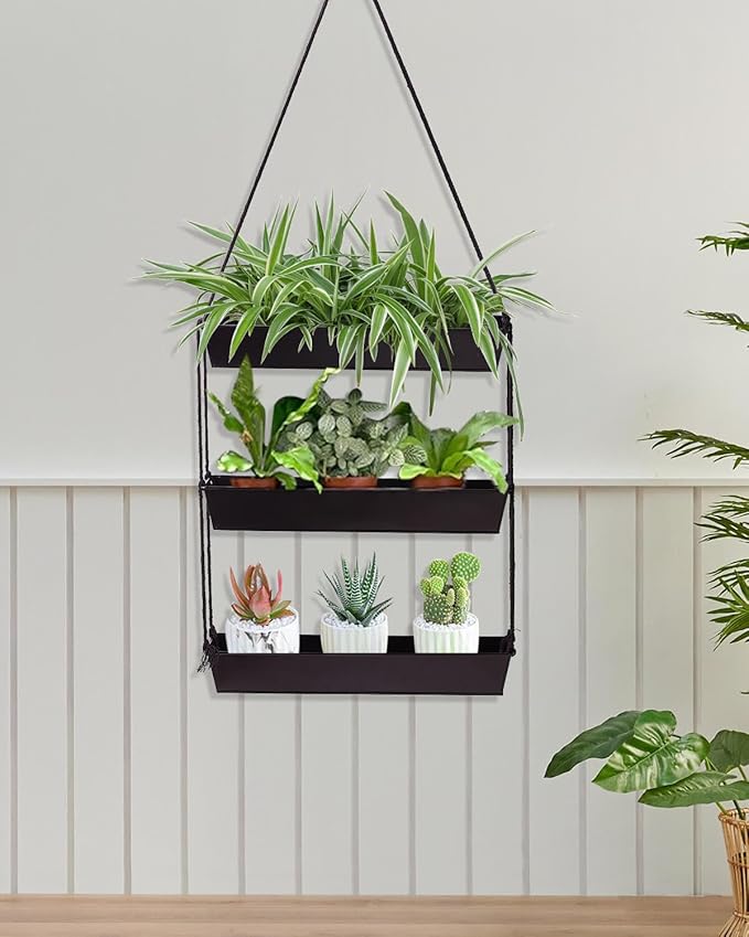 vensovo 16" Metal Wall Planter – 3-Tier Black Galvanized Hanging Shelf for Indoor Outdoor Plants, Vertical Garden Wall Mount for Balcony, Kitchen, or Entryway Decor