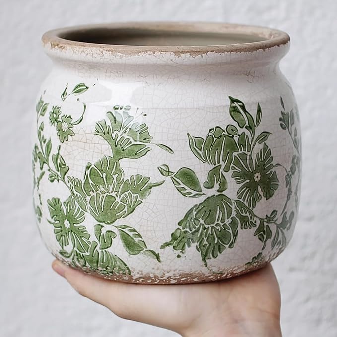 Plant Pots, Ceramic Planters for Indoor Plants, 6.29'' Flower Pots with Drainage, Vase & Planters, Vintage Indoor Plant Pots, Home & Christmas Decor, Gifts for Mom, Classic Green