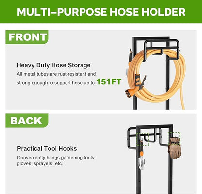 Garden Hose Holder with Stable Base and Tool Hooks, GAVISCITY Heavy-Duty Metal Hose Hanger Garden Hose Storage Holds 151Ft Hose, Rustproof Freestanding Water Hose Holder for Outside, Yard, Lawn, Black