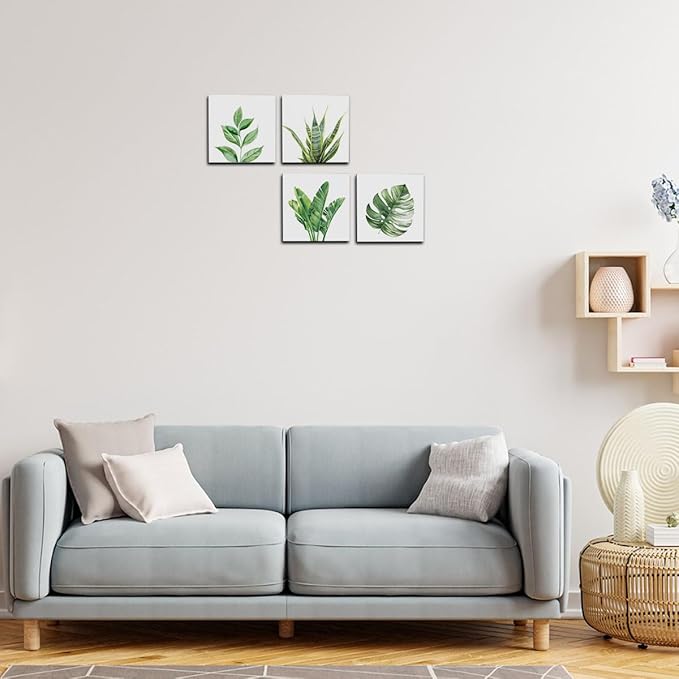 4 Pcs Watercolor Plant Canvas Wall Art Framed Plants Decor Art Posters Pictures Wall Decor Tropical Plants Green Leaves for Decoration boho decor Artwork for Walls Home Bedroom Office