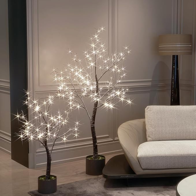 Hairui Lighted Flocked Potted Trees with Timer and Dimmer 4FT 6FT, Snow Dusted Twig Tree with Lights for Indoor Outdoor Home Thanksgiving Christmas Holiday Decoration
