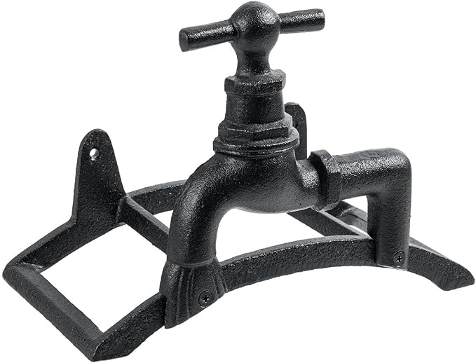 MyGift Wall Mounted Garden Hose Holder, Vintage Black Cast Iron Watering Tube Rack, Decorative Antique Faucet Hanging Hook Water Hosepipe Reel (Spigot Design)
