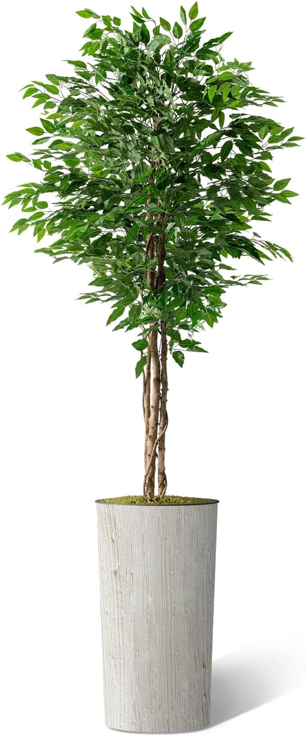 Artificial Tree in Modern Swirl Pattern Planter, Fake Ficus Silk Tree for Indoor and Outdoor Home Decoration - 75" Overall Tall (Plant Pot Plus Tree)