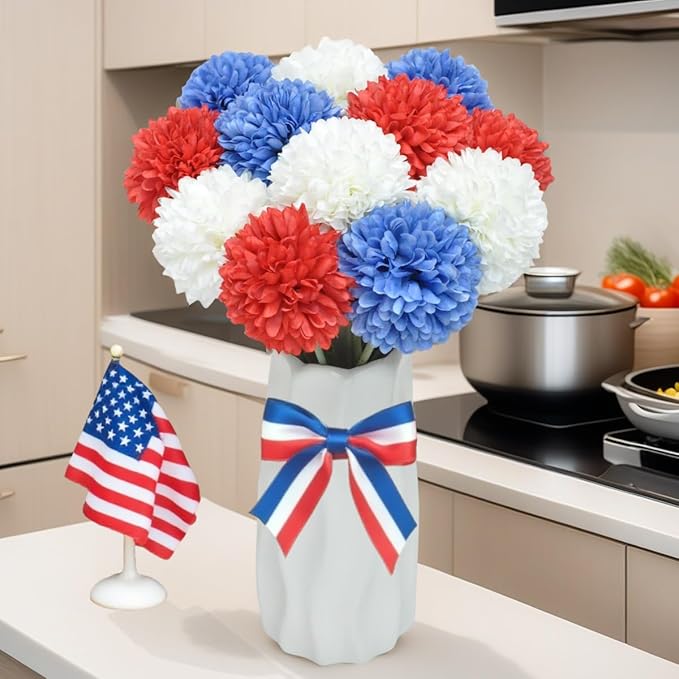 Artificial Flowers Chrysanthemum Ball Flowers 4th of July 12pcs Bouquet Present for Important People Glorious Moral for Home Office Coffee House Deco Parties and Wedding(White&Red&Blue)