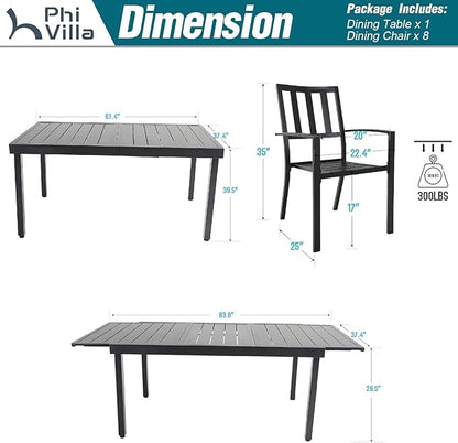 PHI VILLA 9 Piece Patio Dining Table Set, Expandable Rectangular Metal Dining Table & 8 Steel Chairs for Outdoor, Deck, Yard