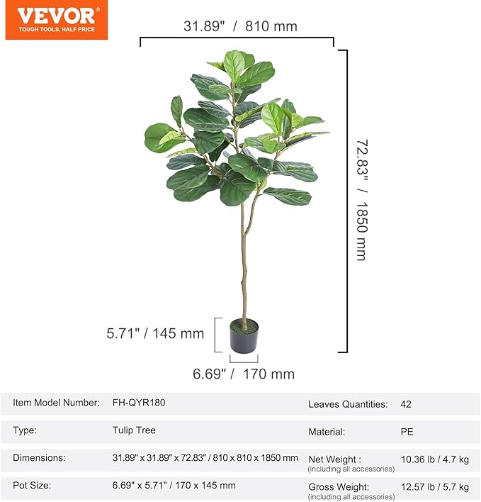 VEVOR Artificial Fiddle Leaf Fig Tree 6 FT, Secure PE Material & Anti-Tip Tilt Protection Low-Maintenance Faux Plant, Lifelike Green Fake Potted Tree for Home Office Warehouse Decor Indoor Outdoor