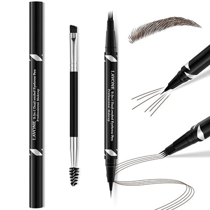 LAVONE 2-IN-1 Dual-ended Waterproof Eyebrow Pencil, with 4 Tip Microblading Pen and Ultra-Precise Brow Pencil, Dual-ended Eyebrow Brush, for Natural Looking - Black Brown
