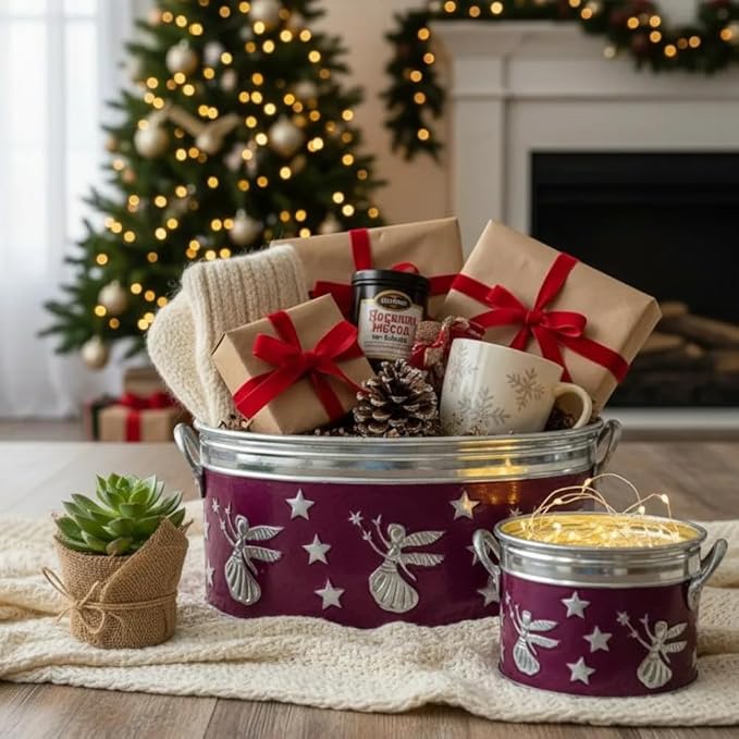 Set of 3 Vintage Christmas Metal Planters – Embossed Angel & Star Cachepots with Silver Rims, Purple Galvanized Holiday Decor (10″, 9″, 7″ W)