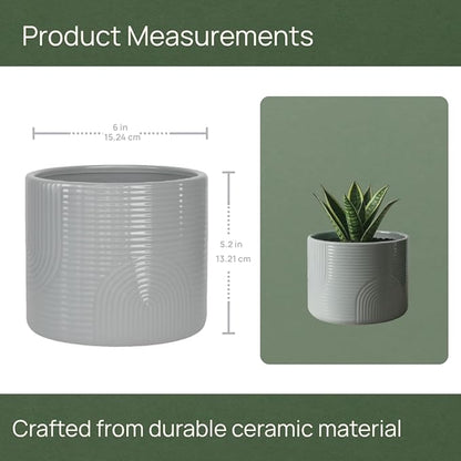 Elegant 6 Inch Ceramic Flower Pot – Indoor & Outdoor Planter for Succulents, Herbs, Small Plants – Includes Dibber & Widger – Thick-Walled Modern Design – Stone Gray – 6" x 5.2"