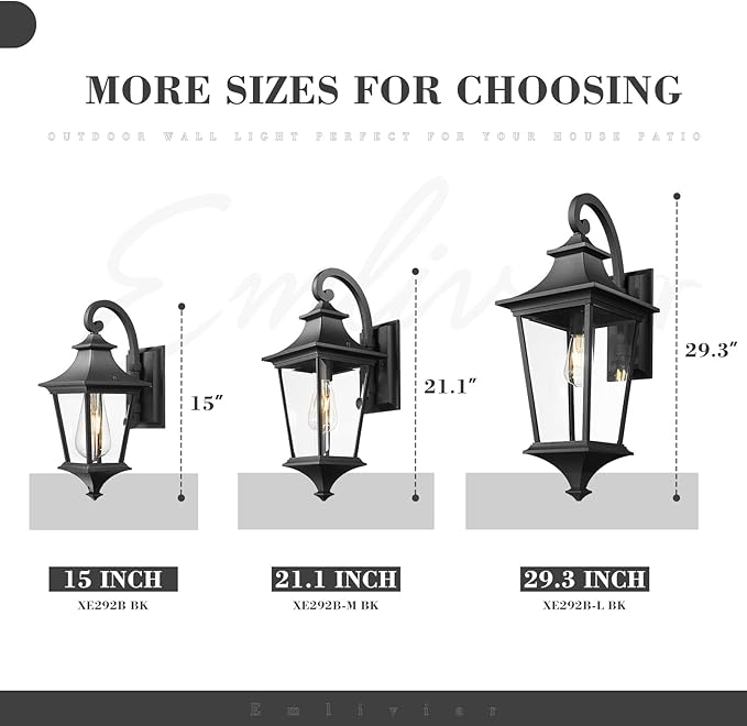 Emliviar 29.3 Inch Trendy Outdoor Wall Sconce, Large Exterior Wall Light for Porch Patio, Clear Glass in Black Finish, XE292B-L BK