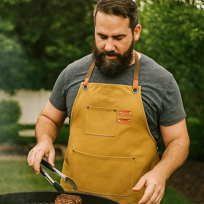 Chef Aprons for Men Canvas Apron with Large Pockets and Adjustable Neck Strap for Cooking, BBQ, Gardening
