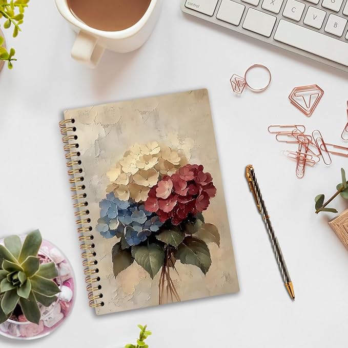 nvucamd Vintage Hydrangea Floral Spiral Notebook, Rustic Hydrangea Flower Journal Notebook, Retro Flower Journaling Notebooks for Women, Floral Gifts Office Supplies, 5.5x8.3 Inch