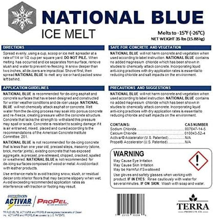 National Blue Snow Salt Ice Melt 35lb Bucket - Fast Acting Ice Melter - Pet, Plant and Concrete Friendly, Environmentally Safe - Free of Magnesium Chloride - Melts to -15°F