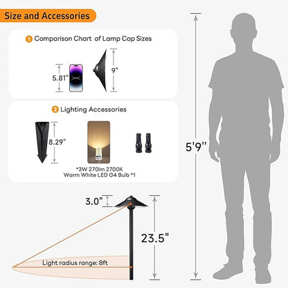Gardenreet Low Voltage Landscape Path Light Brass (9" Shade, 23.5" Tall) - 12V LED Pathway Warm Lights Waterproof, Wired Black for Walkway Garden Driveway with 3W 270LM 2700K G4 Bulb