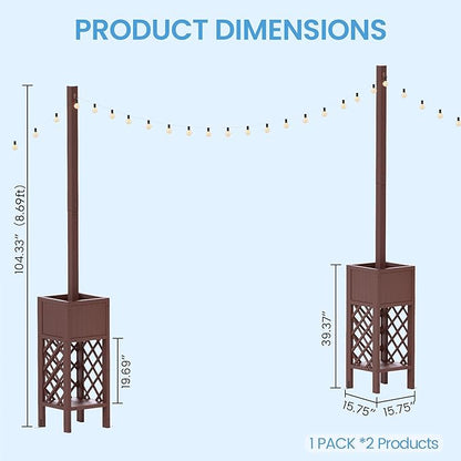 2PCS Outdoor String Light Poles with Planter Box,8.6FT H Posts for Patio String Lights,Decorative Lattice Wood Planter Stand with Bottom Storage Shelf,for Patio Porch Balcony Garden Accent
