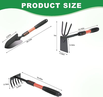 Garden Tool Set, 3 Pack Gardening Tools, Stainless Steel Heavy Duty Hand Cultivator, Hoes, Shovel, for Planting Weeding Digging, Orange