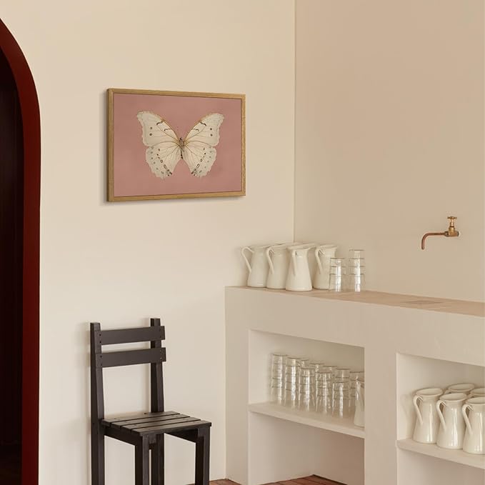 CAZLOUC Vintage Butterfly Canvas Wall Art, Pink Bathroom Wall Decor, Classic White Butterfly Aesthetic Picture, Retro Nature Insect Poster Print for Bedroom Living Room Wood Framed 16x24 Inch