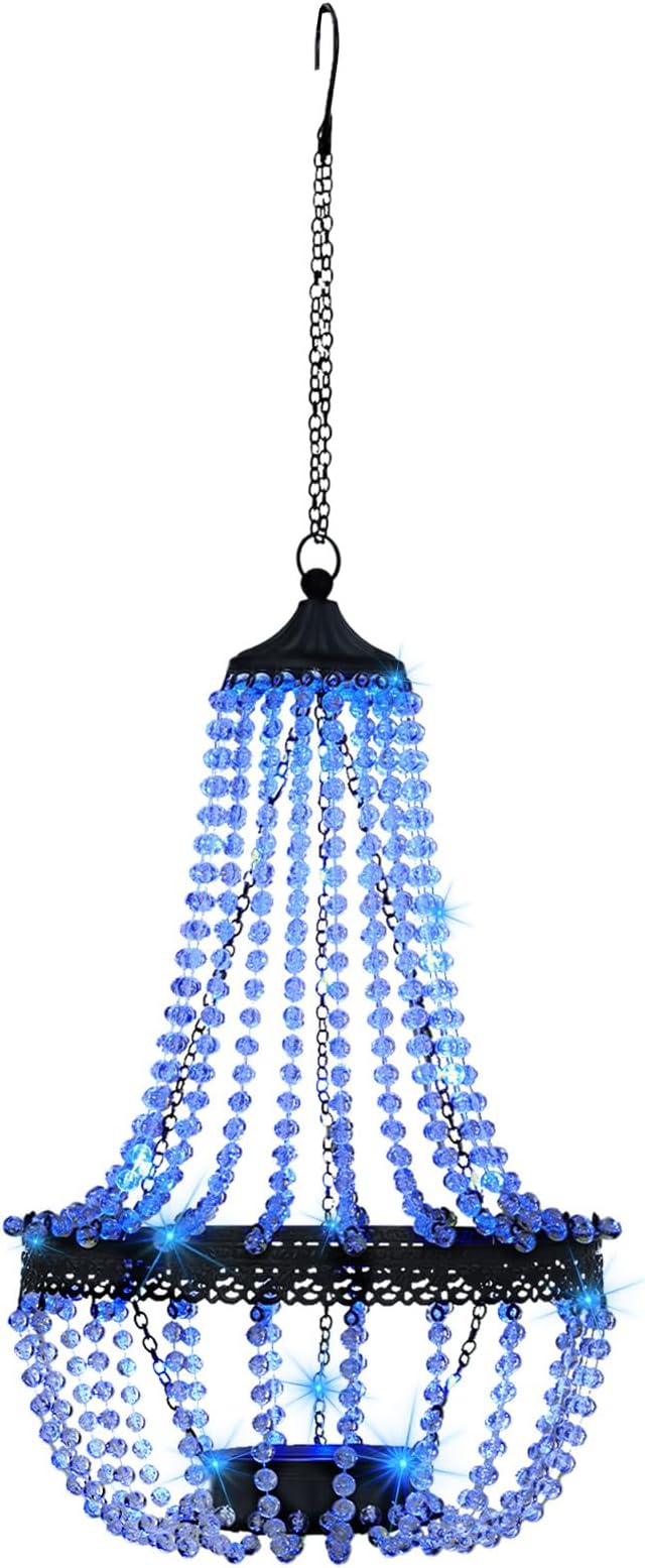 Hanging Solar Lantern Outdoor, 28” Modern Clear Crystal Acrylic Chandelier with 30 Blue Lights S Hook for Garden, Yard, Patio, Gazebo Decorations
