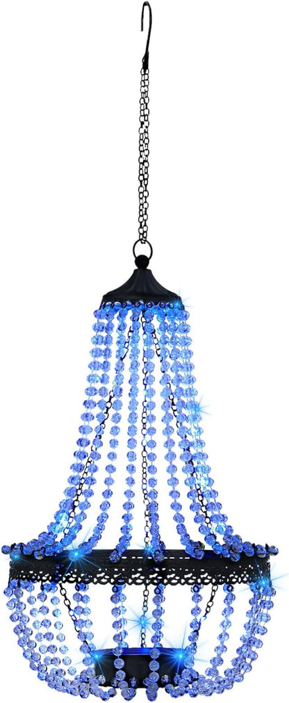 Hanging Solar Lantern Outdoor, 28” Modern Clear Crystal Acrylic Chandelier with 30 Blue Lights S Hook for Garden, Yard, Patio, Gazebo Decorations