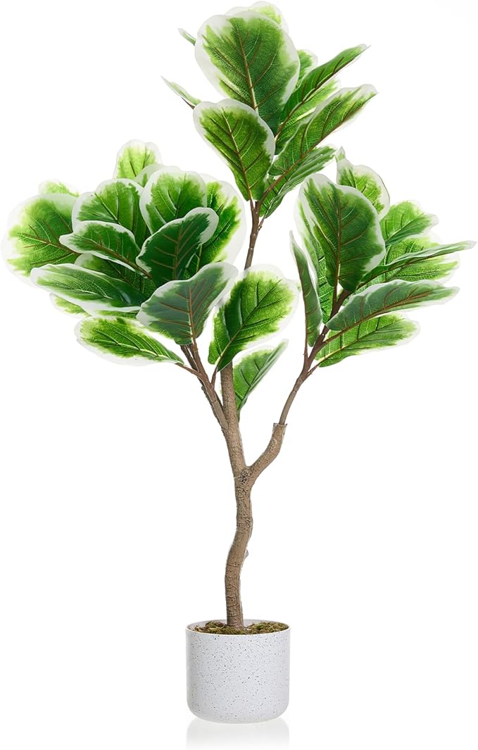 3.3 FT/39.4 in Lifelike Fiddle Leaf Fig Tree with Realistic Trunk, Faux Indoor Plant in Pot for Home and Office Decoration