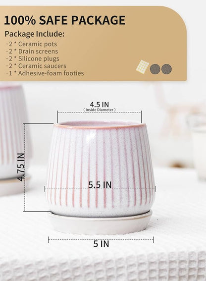 TAMAYKIM 5.5 Inch Ceramic Plant Pots with Drainage Holes and Saucers, Flower Planter with Tray for Indoor/Outdoor Planting, Succulent, Cactus & Herbs, Pink, Set of 2