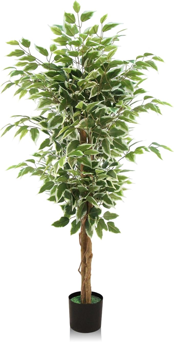 Ficus Tree Artificial, 4FT Realistic Fake Tree for Indoor, Faux Ficus Tree with Natural Wood Trunks Branch Leaves for Home, Office, Corner, Living Room, Bedroom, Porch, Garden Outdoor Decor