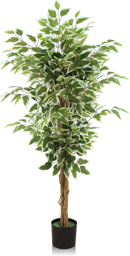 Ficus Tree Artificial, 4FT Realistic Fake Tree for Indoor, Faux Ficus Tree with Natural Wood Trunks Branch Leaves for Home, Office, Corner, Living Room, Bedroom, Porch, Garden Outdoor Decor