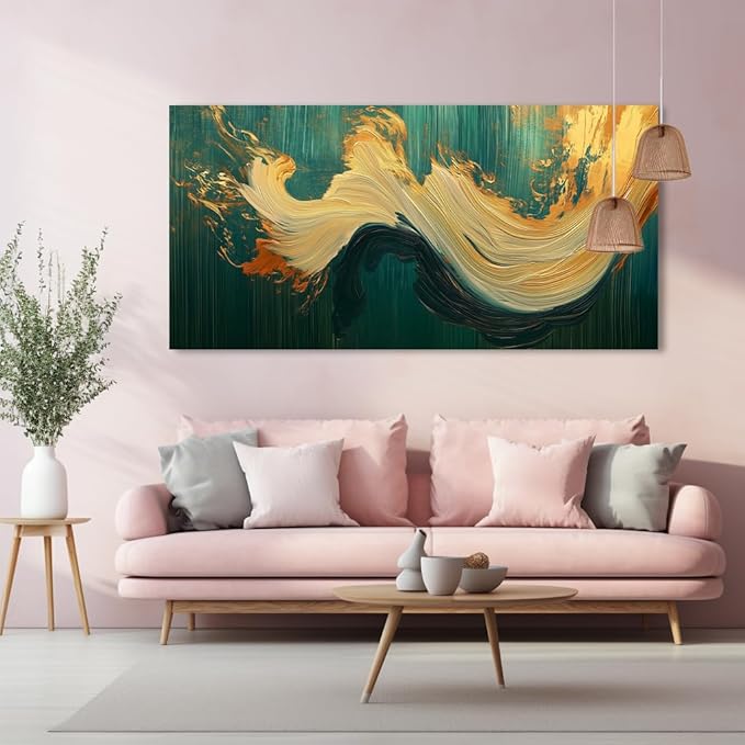 Abstract Marble Canvas Wall Art Paintings Green and Gold Canvas Wall Art Emerald Green Prints Posters Modern Abstract River Texture Pictures Wall Decor Artwork for Living Room, Bedroom, Office & Home Décor (20x40 Inches)