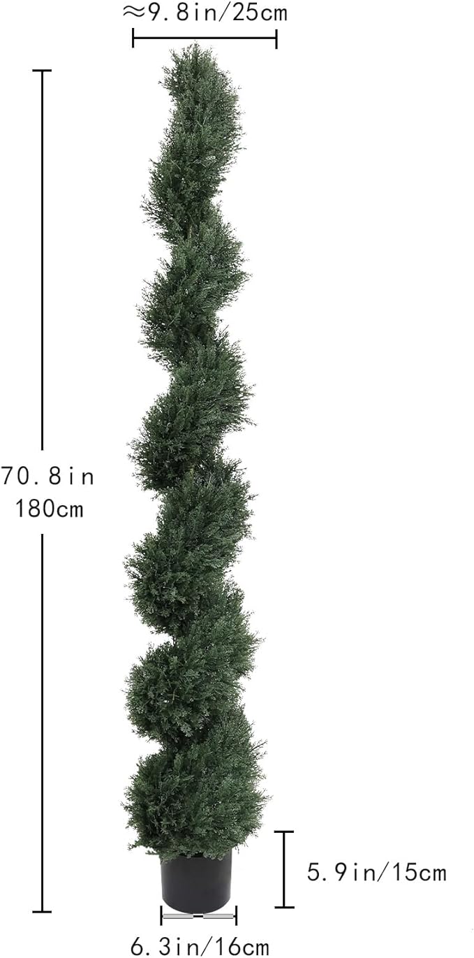 THE BLOOM TIMES 6ft Spiral Artificial Topiary Trees Set of 2, 71 inch Faux Cedar Trees for Outdoor Planters - Fake Twist Cypress Plants for Garden Front Porch Indoor Outside Decor 6 Foot
