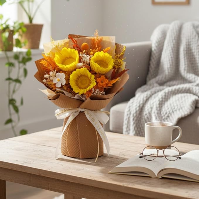 Vaanshie Premium Preserved Flower Bouquet Ideal for Mother's Day Gifting (Sunflower Orange)